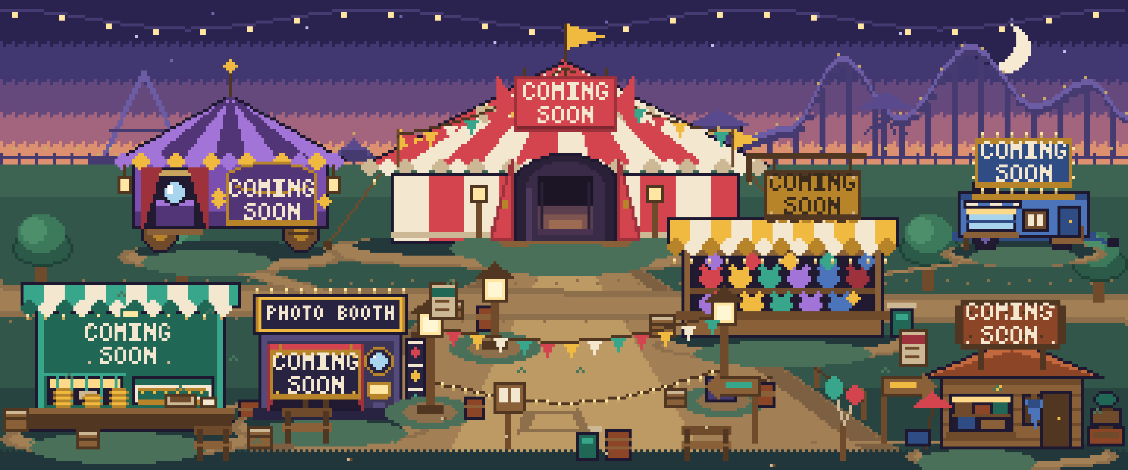Pixel-art carnival at dusk seen from the midway just inside the gates: a teal money-changing booth in the foreground on the left, a purple fortune teller wagon with a crystal ball further back on the left, an enormous red and cream striped big top at the far end of the path, a stocked prize booth on the right, an admissions office trailer further back and a small lost and found hut at the front right, with trees, lanterns, string lights, benches, a ferris wheel and a roller coaster around them.